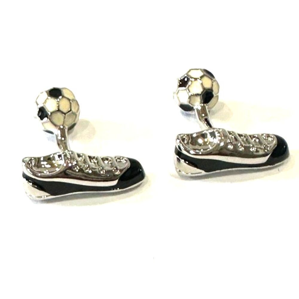 Soccer / Football Boot & Ball 3D Cufflinks — Silver & Black Enamel